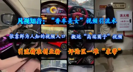 凡视知音:“香车美女”视频引流术,依靠鲜为人知的视频入口,搬运“高端圈子”视频,引流精准创业粉,评论区一堆“求带”-副业吧