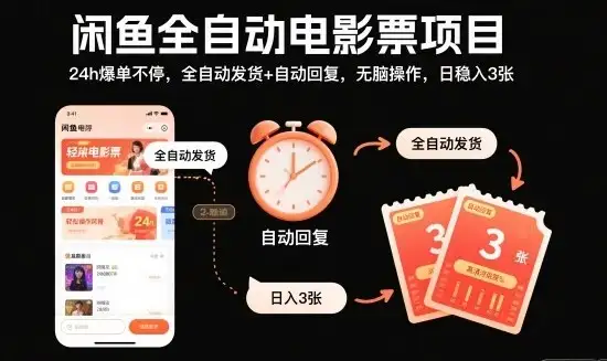 闲鱼全自动电影票项目,24h爆单不停,全自动发货+自动回复,无脑操作,日稳入3张【揭秘】-创业猫 闲鱼全自动电影票项目,24h爆单不停,全自动发货+自动回复,无脑操作,日稳入3张【揭秘】-创业猫