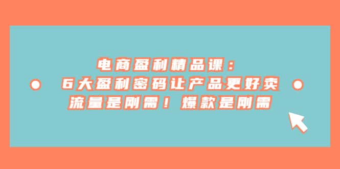 电商盈利精品课：6大盈利 密码让产品更好卖，流量是刚需！爆款是刚需-优优云创