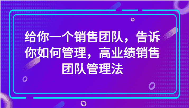 给你一个销售团队，告诉你如何管理，高业绩销售团队管理法（89节课）-优优云创