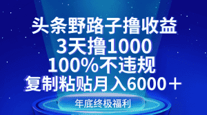 头条野路子撸收益，3天撸1000，100%不违规，复制粘贴月入6000＋-优优云创