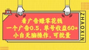 无脑看广告获取收益，一条广告0.5，日稳定60-100+，可批量放大，超级稳定。-副业吧