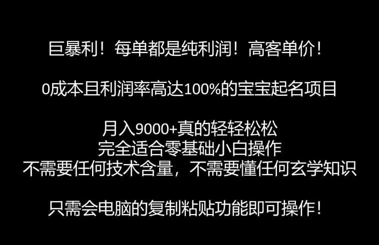 巨暴利，月入9000+的宝宝起名项目，每单都是纯利润，零基础都能躺赚【附软件+视频教程】-优优云创网