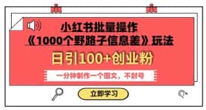 小红书批量操作《1000个野路子信息差》玩法，一分钟制作一个图文，不封号，日引100+创业粉-优优云创