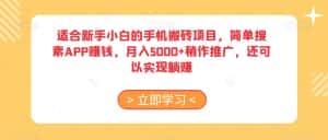 适合新手小白的手机搬砖项目，简单搜素APP赚钱，月入5000+稍作推广，还可以实现躺赚【揭秘】-优优云创网