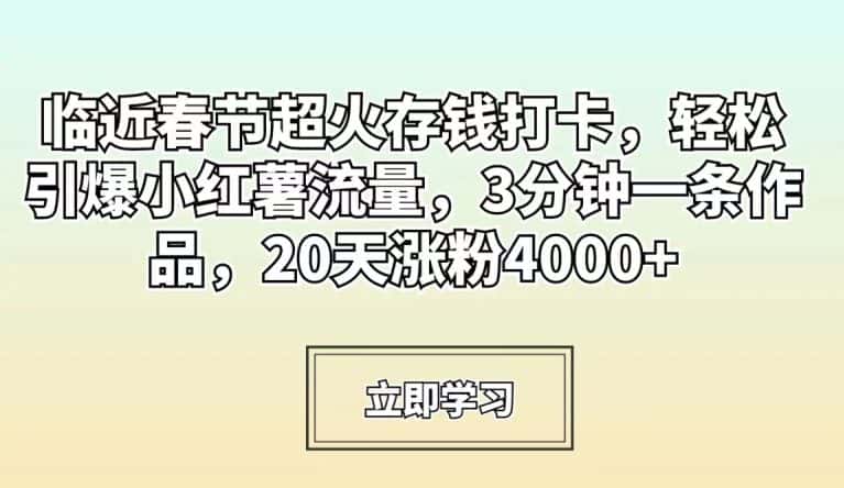 临近春节超火存钱打卡,轻松引爆小红薯流量,3分钟一条作品,20天涨粉4000+-优优云创