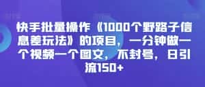 快手批量操作《1000个野路子信息差玩法》的项目，一分钟做一个视频一个图文，不封号，日引流150+-优优云创网