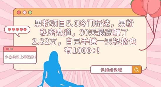 男粉项目5.0冷门玩法，男粉私密赛道，30天最高赚了2.32万，自己手搓一天轻松也有1000+-优优云创网