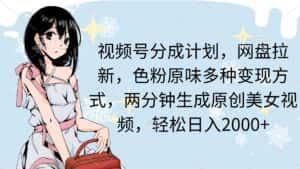 （9367期）视频号分成计划，网盘拉新，色粉原味多种变现方式，两分钟生成原创美女…-优优云创