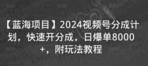 【蓝海项目】2024视频号分成计划，快速开分成，日爆单8000+，附玩法教程-优优云创网