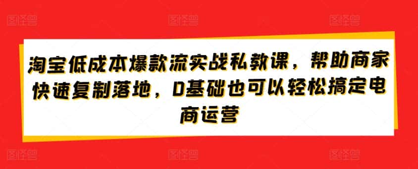 淘宝低成本爆款流实战私教课，帮助商家快速复制落地，0基础也可以轻松搞定电商运营-优优云创网