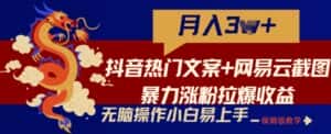 抖音热门文案+网易云截图暴力涨粉拉爆收益玩法，小白无脑操作，简单易上手-优优云创网