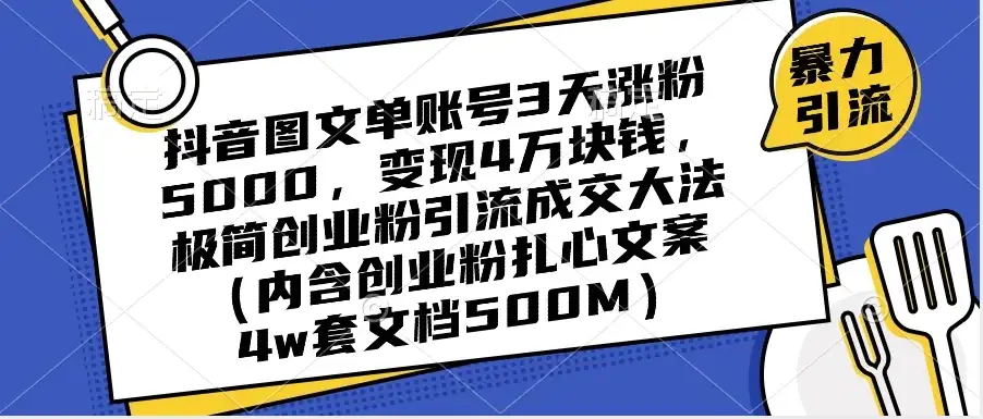 抖音图文单账号 3 天涨粉 5000，变现 4 W，极简创业粉引流成交大法（内含扎心文案）-优优云创