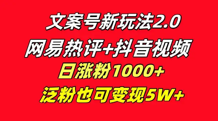 文案号新玩法，网易热评+抖音文案 一周轻松涨粉 5W+ 多种变现模式-优优云创