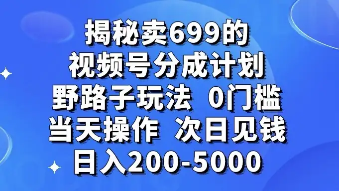 揭秘卖 699 的视频号分成计划野路子玩法，日入 200-5000，0 门槛，当天操作，次日见钱-优优云创