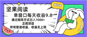 （11377期）坚果阅读单窗口每天收益9.8通过矩阵方式日入1000+正规项目附有管道收益…-优优云创