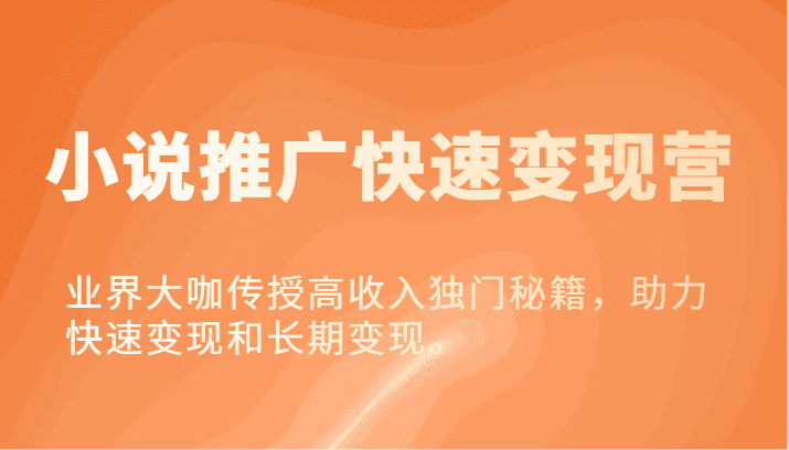小说推广快速变现营-业界大咖传授高收入独门秘籍，助力快速变现和长期变现。-优优云创