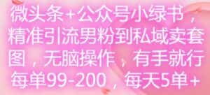 微头条+公众号小绿书，精准引流男粉到私域卖套图，无脑操作，有手就行，每单99-200，每天5单-优优云创