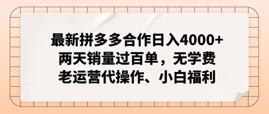 （12869期）拼多多最新合作日入4000+两天销量过百单，无学费、老运营代操作、小白福利-优优云创