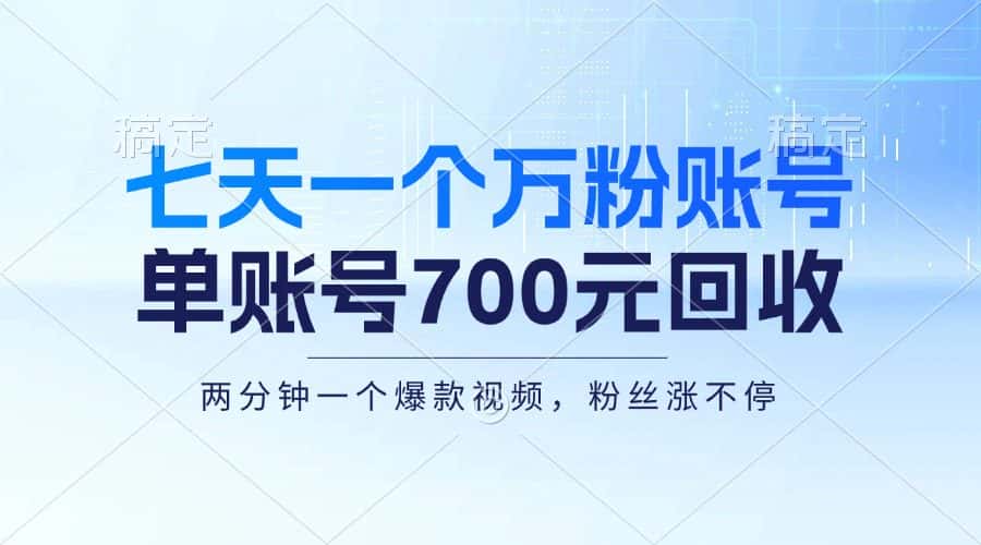 （13062期）七天一个万粉账号，新手小白秒上手，单账号回收700元，轻松月入三万＋-优优云创