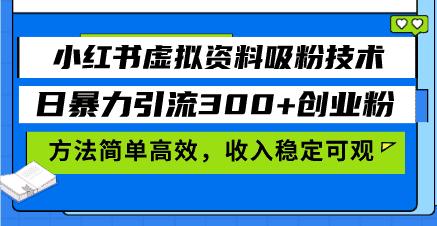 （13345期）小红书虚拟资料吸粉技术，日暴力引流300+创业粉，方法简单高效，收入稳…-优优云创