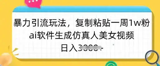 暴力引流玩法，复制粘贴一周1w粉，ai软件生成仿真人美女视频，日入多张-优优云创