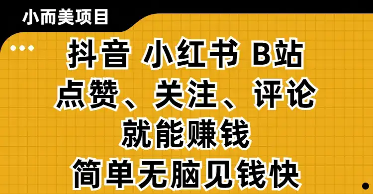 小而美的项目，抖音、小红书、B站视频点赞、关注、评论就能赚钱，简单无脑立见收益!妥妥的零撸项目-优优云创