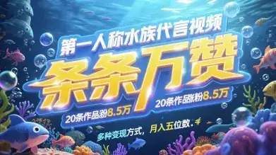 第一人称水族代言视频，条条万赞，20条作品涨粉7.8W，多种变现方式月入五位数-副业吧