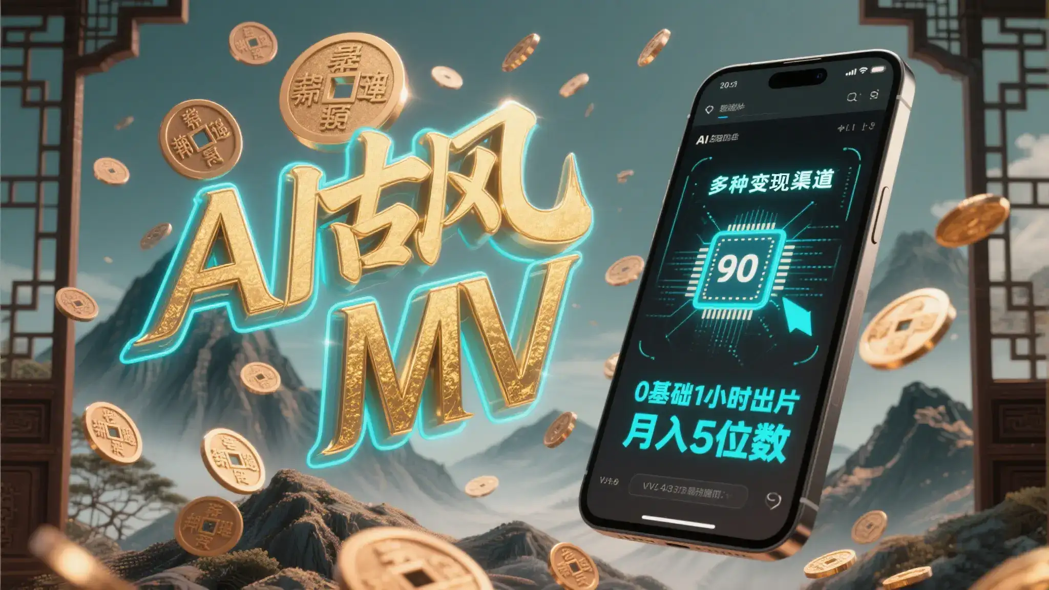 AI一键生成古风音乐MV，0剪辑基础1小时出片，多种变现渠道，一部手机月入5位数-优优云创