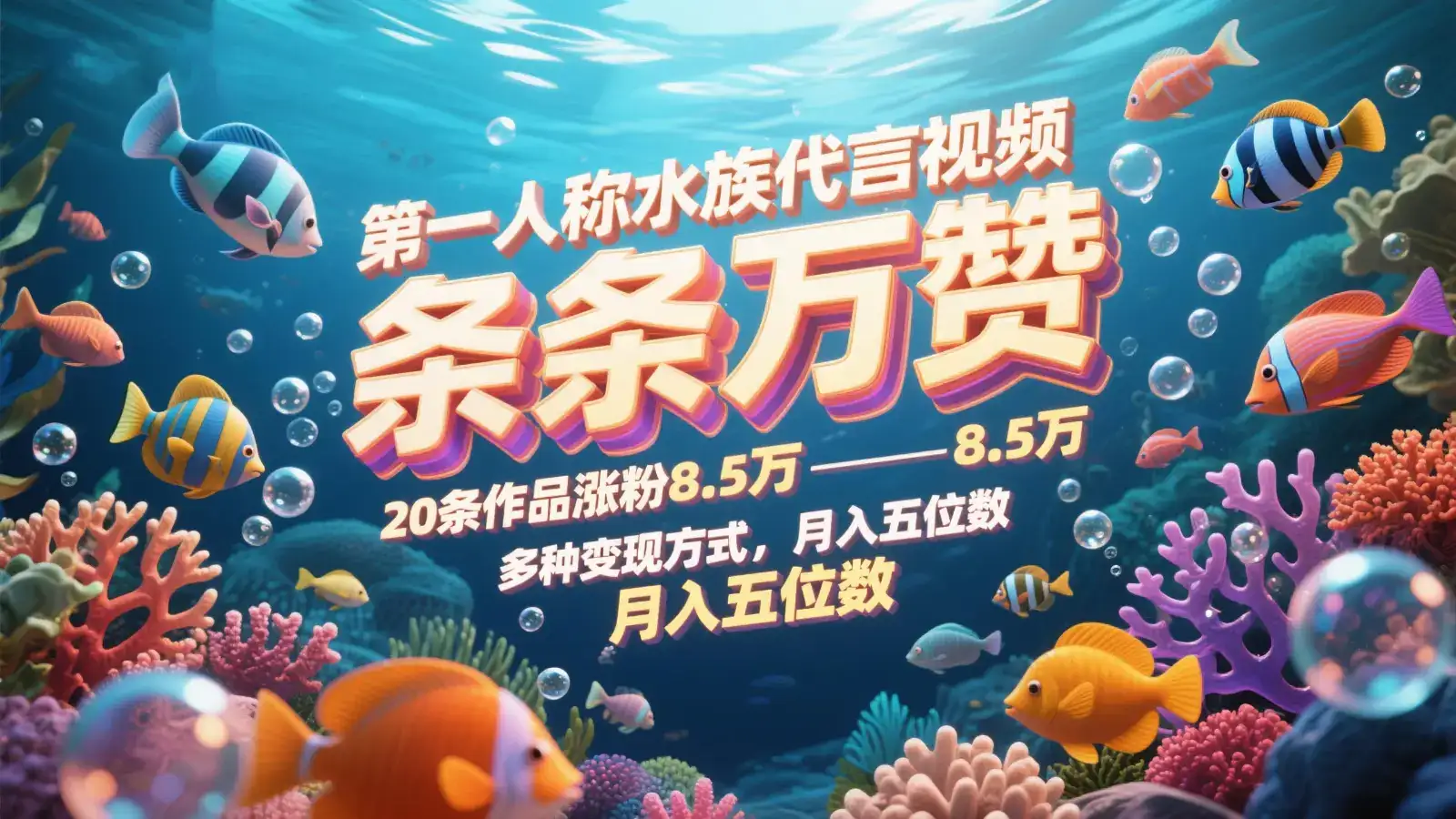第一人称水族代言视频，条条万赞，20条作品涨粉8.5万，多种变现方式月，入五位数-副业吧