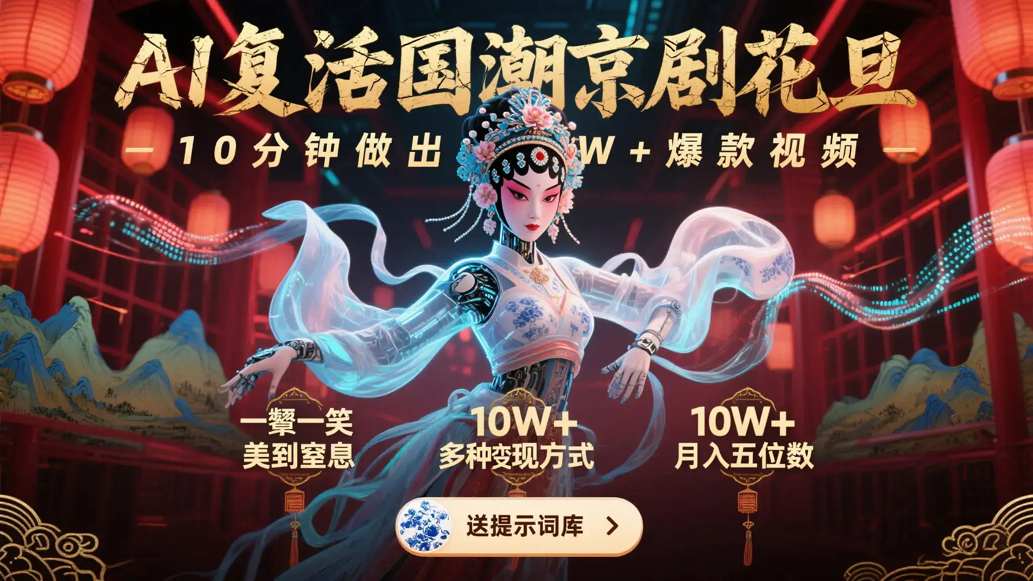 AI复活国潮京剧花旦，10分钟做出10W+爆款视频，多种变现方式，月入五位数-副业吧
