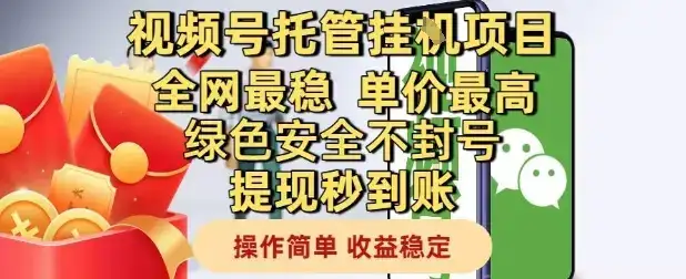 视频号托管挂G项目全网最稳,单价最高,绿色安全不封号提现秒到账,操作简单,收益稳定【揭秘】-副业吧