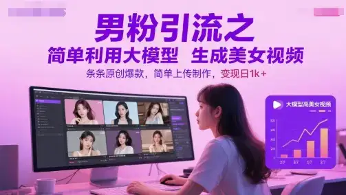男粉引流之简单利用大模型生成美女视频，条条原创爆款，简单上传制作，变现日1k+-优优云创