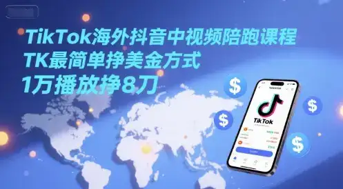 TikTok海外抖音中视频陪跑课程，TK最简单挣美金方式，1万播放挣8刀-优优云创
