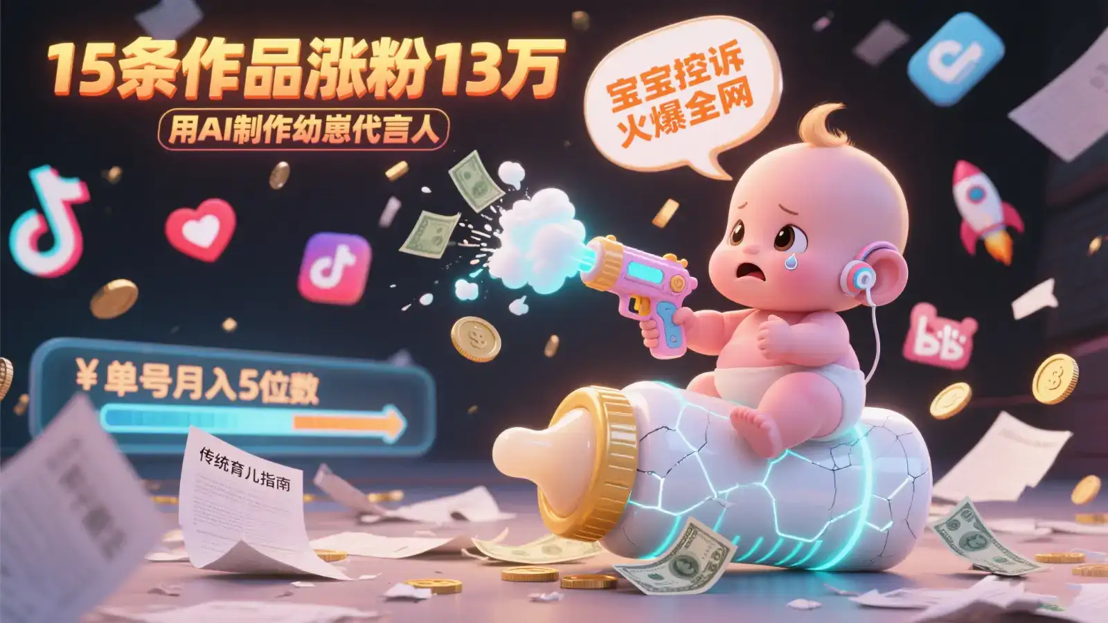 用AI制作幼崽代言人，宝宝的控诉火爆全网，15条作品涨粉13万，单号月入5位数实操教程-副业吧