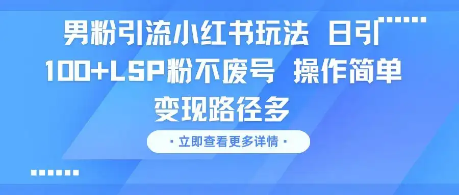 男粉引流小红书玩法 日引100+LSP粉不废号 操作简单 变现路径多-优优云创