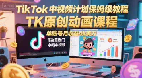 TikTok中视频计划保姆级教程，TK原创动画课程，单账号月收益4k美刀-优优云创
