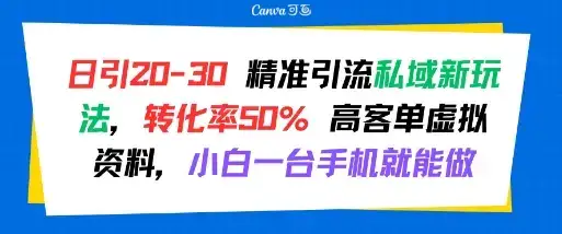 日引 20-30 精准引流私域新玩法，转化率50% 高客单虚拟资料，小白一台手机就能做-优优云创