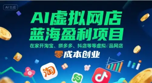 【精】AI虚拟网店蓝海盈利项目，在家开淘宝、拼多多、抖店等虚拟品网店，零成本创业-优优云创