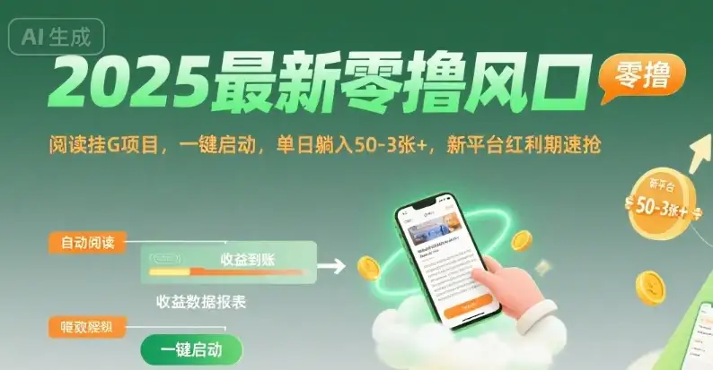 2025最新零撸风口，阅读挂G项目，一键启动，单日躺入 50-3张+，新平台红利期速抢【揭秘】-优优云创