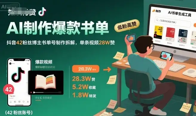 AI制作爆款书单，抖音42粉丝博主书单号制作拆解，单条视频28W赞-优优云创