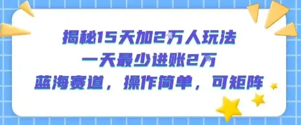 揭秘15天加2W人玩法，一天最少2万进账，蓝海赛道，操作简单，可矩阵-副业吧