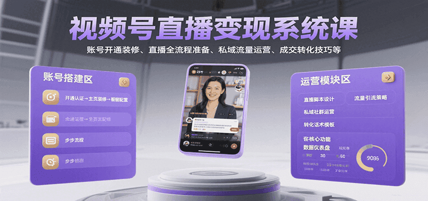 视频号直播变现系统课，账号开通装修、直播全流程准备、私域流量运营、成交转化技巧等-副业吧