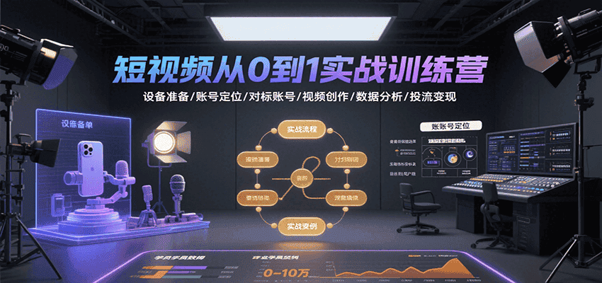 短视频从0到1实战训练营：设备准备/账号定位/对标账号/视频创作/数据分析/投流变现-副业吧