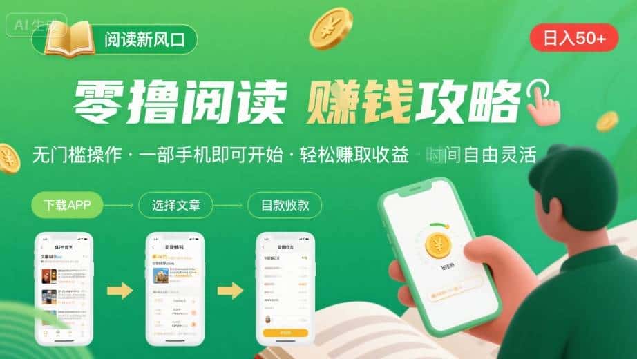 零撸阅读新风口，无门槛轻松挣，一部手机，日入 50-3张【揭秘】-优优云创