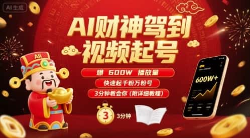 AI财神驾到视频起号，爆600W播放量，快速起千粉万粉号，3分钟教会你(附详细教程)-优优云创