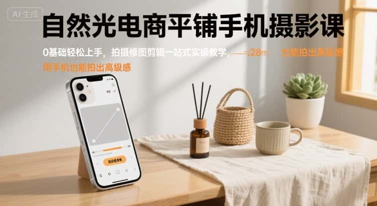 自然光电商平铺手机摄影课，0基础轻松上手，拍摄修图剪辑一站式实操教学，用手机也能拍出高级感-优优云创