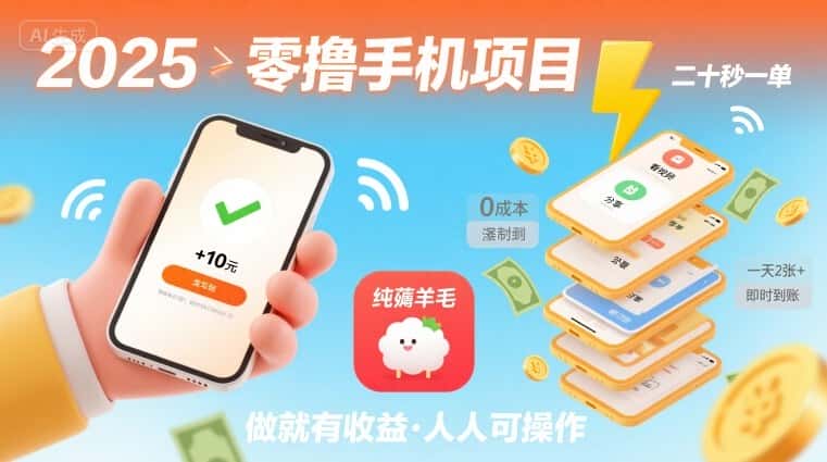2025年零撸手机项目，二十秒一单，纯薅羊毛 一天2张+做就有-优优云创网