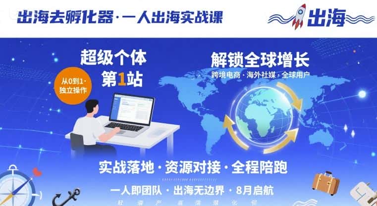 【精】出海去孵化器，一人出海实战课，​超级个体第1站，解锁全球增长-优优云创