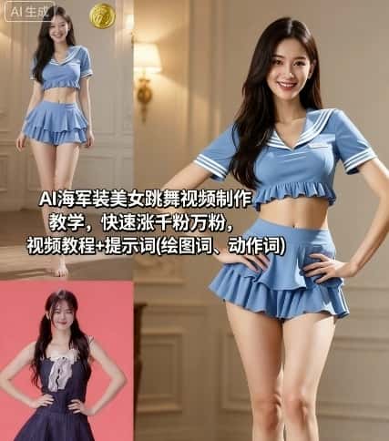 AI海军装美女跳舞视频制作教学，快速涨千粉万粉，视频教程+提示词(绘图词、动作词)-副业吧